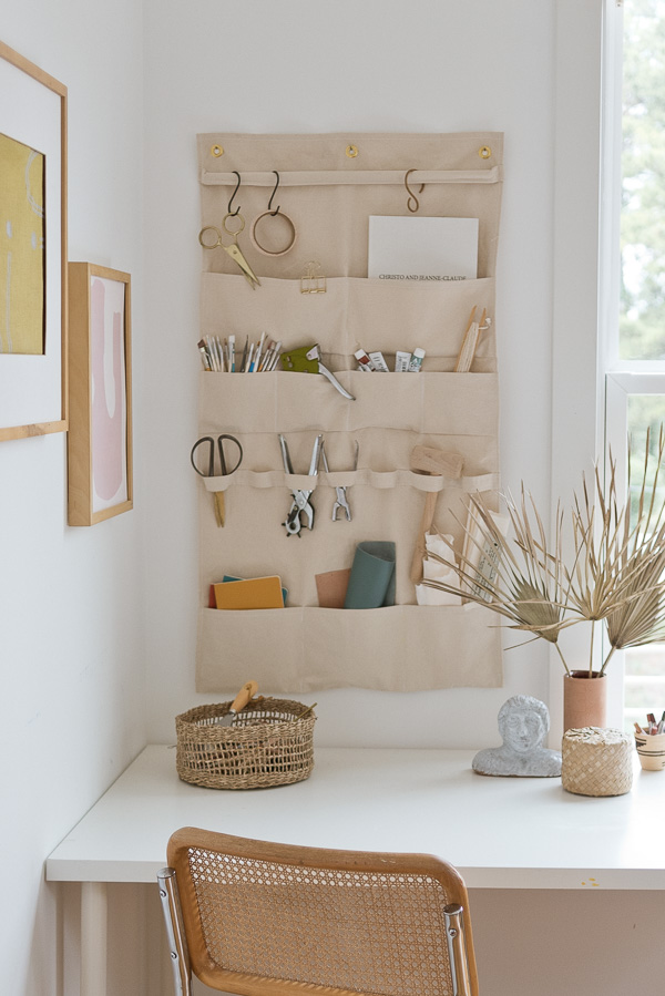 diy hanging wall organizer on wall in office