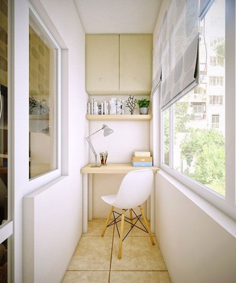 a tiny balcony with a small desk and a storage unit with shelves 475x568 1